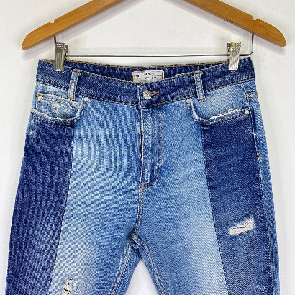 Free People Patchwork 2 Tone Boyfriend Jeans Sz 27 High Rise Cropped Distressed - Picture 4 of 12